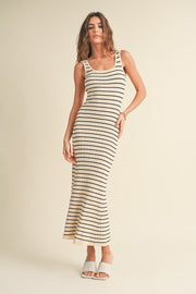 Olivia Stripe Sleeveless Knitted Long Dress - Cream/Black