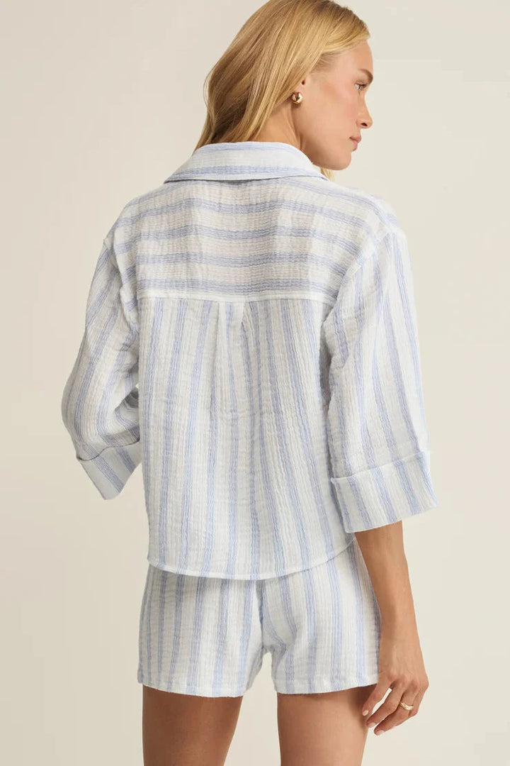 Helena Striped Airy Gauze Button Up- Sea Salt
