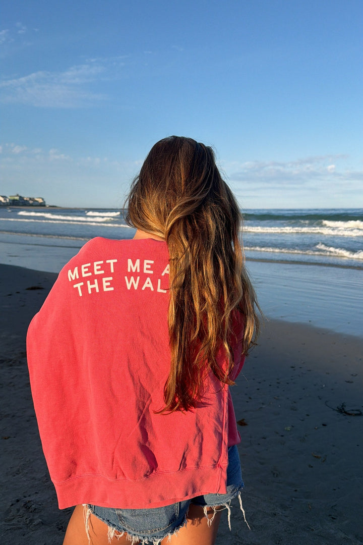 Meet Me At The Wall watermelon crop sweatshirt on model, back view