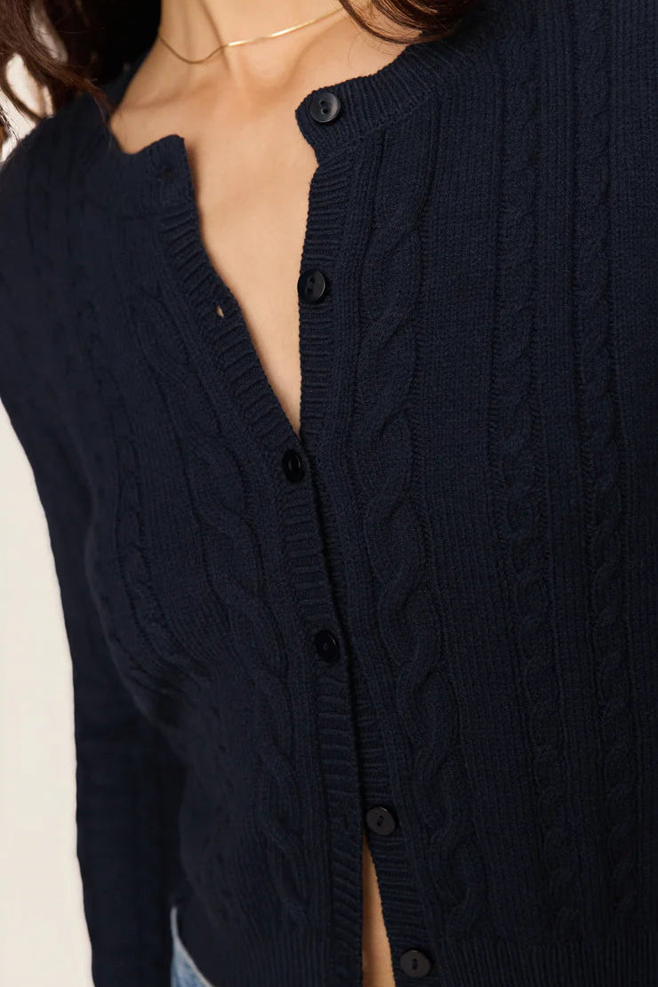 Navy cotton cable cardigan knit detail