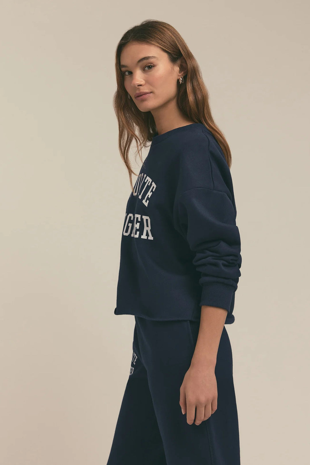 Cropped Collegiate Sweatshirt - Navy/White