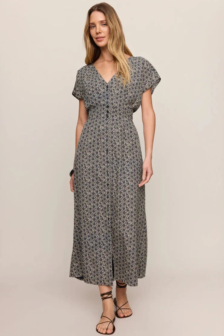 Navy floral print midi dress with button front