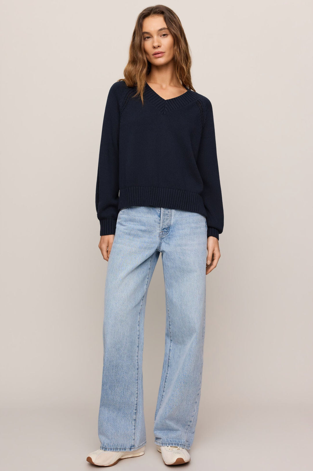 Navy cotton sweater with pointelle detail