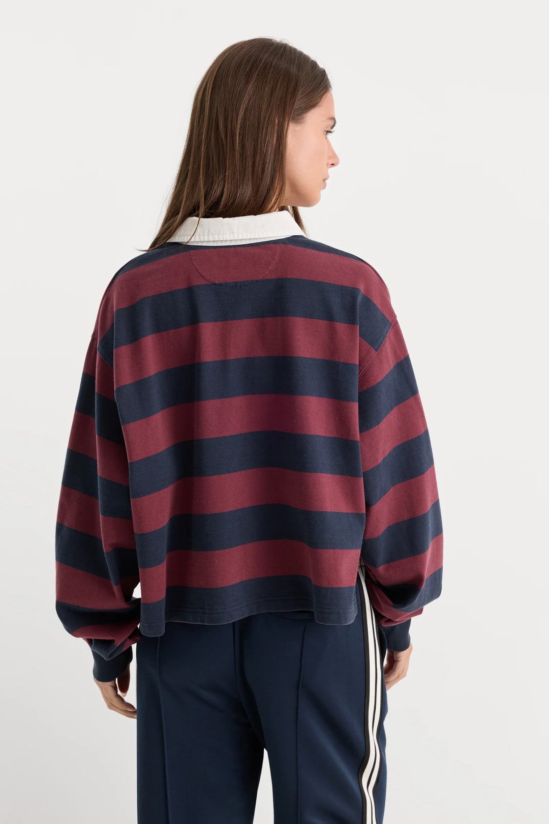 The Cropped Rugby Polo - Navy/Berry Stripe