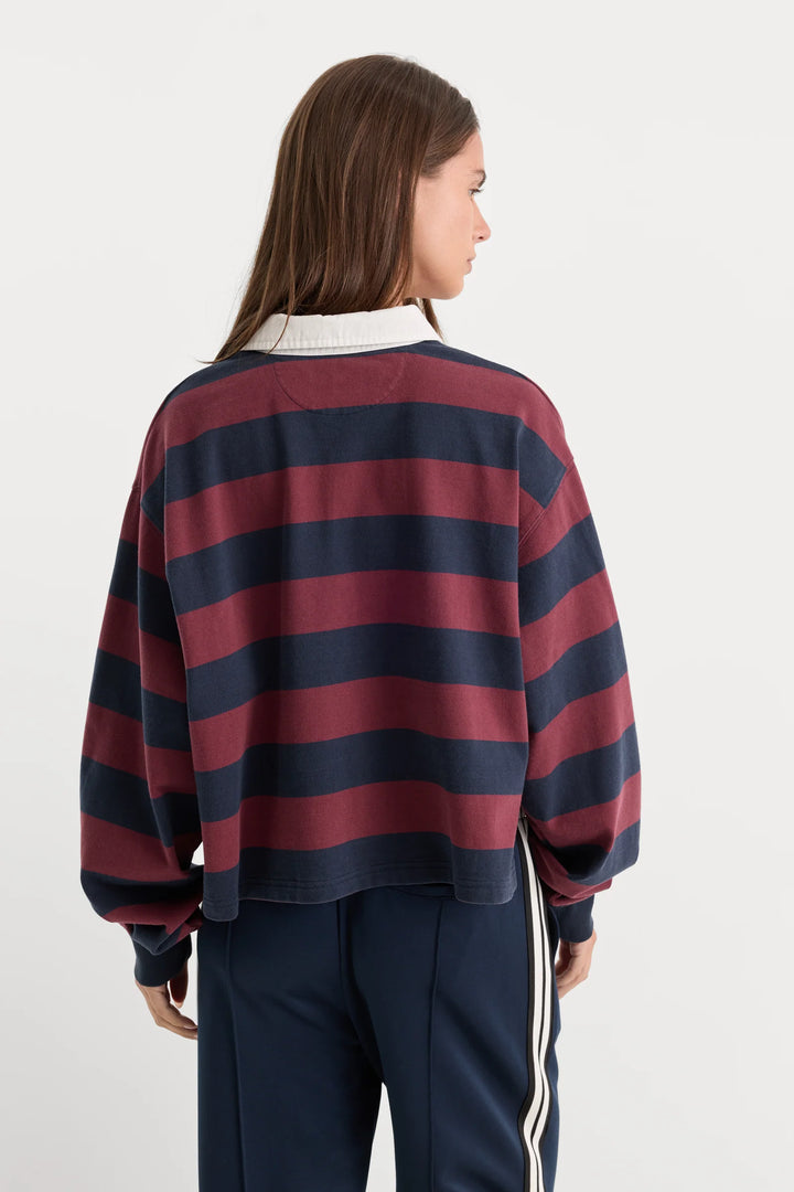 The Cropped Rugby Polo - Navy/Berry Stripe