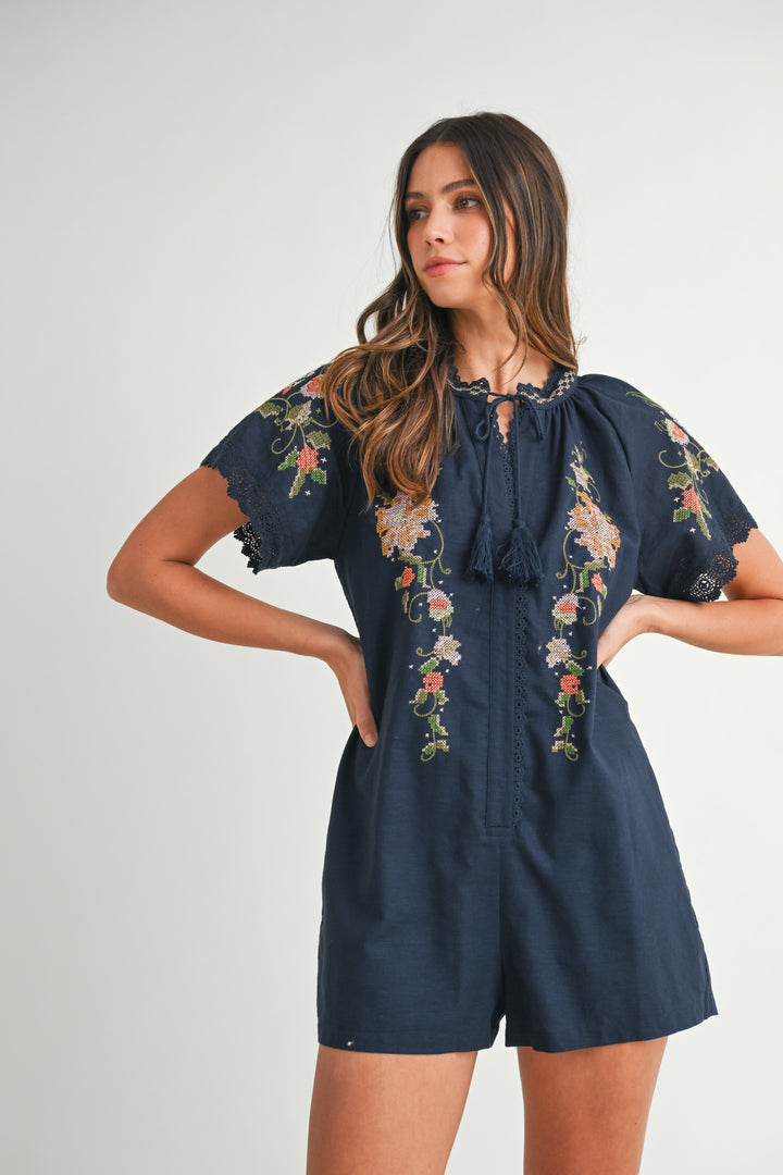 Calypso Embroidered Short Sleeve Romper