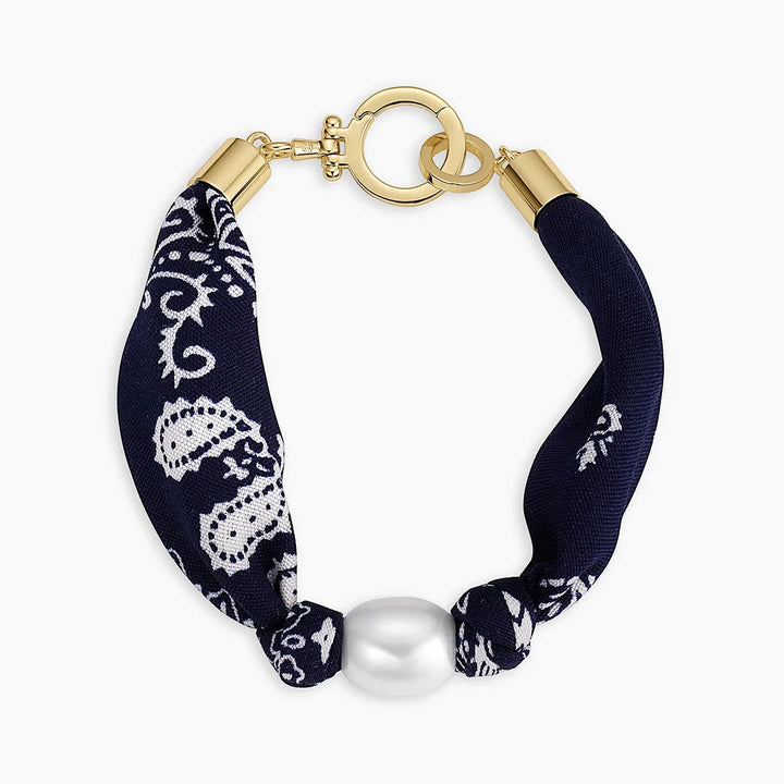 Paisley Bandana Pearl Bracelet- Gold/Navy