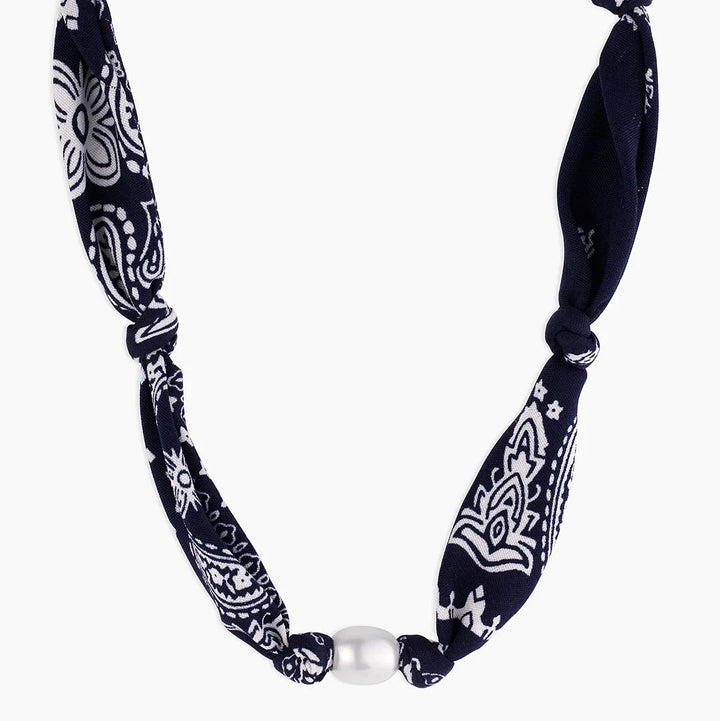 Paisley Bandana Pearl Necklace- Gold/Navy