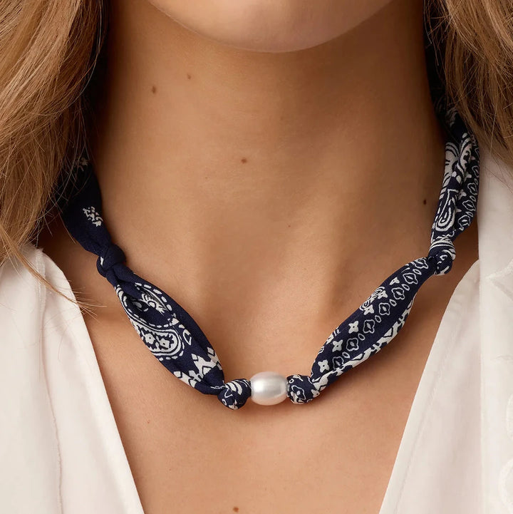 Paisley Bandana Pearl Necklace- Gold/Navy