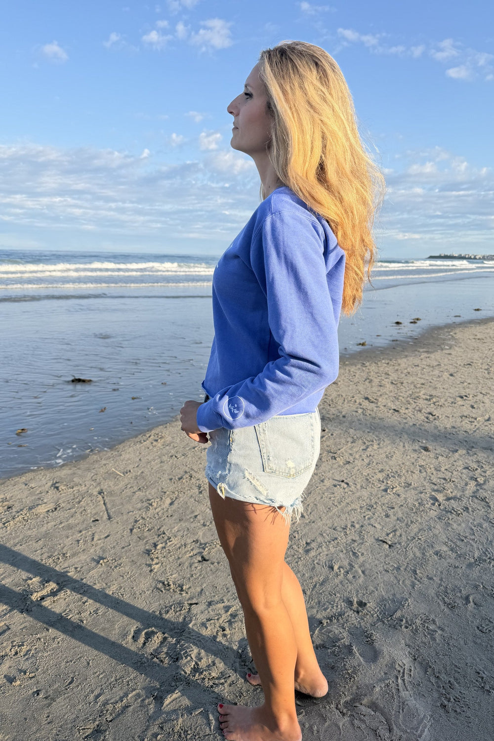 Meet Me At The Wall periwinkle sweatshirt on model looking at the ocean