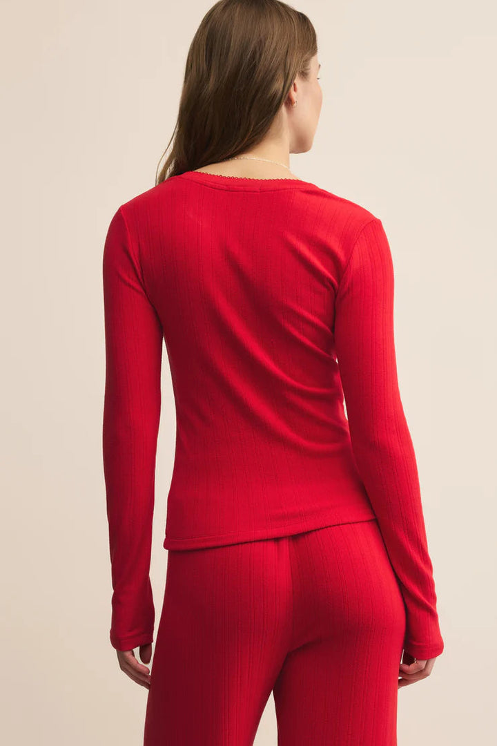 Holly Pointelle Long Sleeve Top - Festive Red