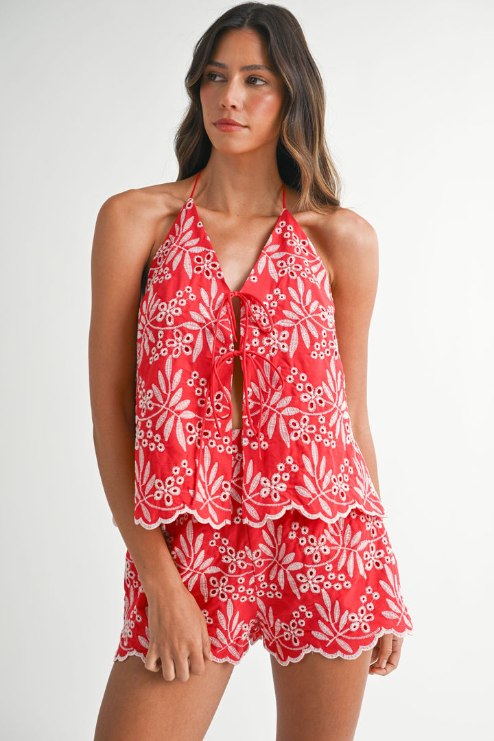 Reese Eyelet Halter Top And Shorts Set - Red