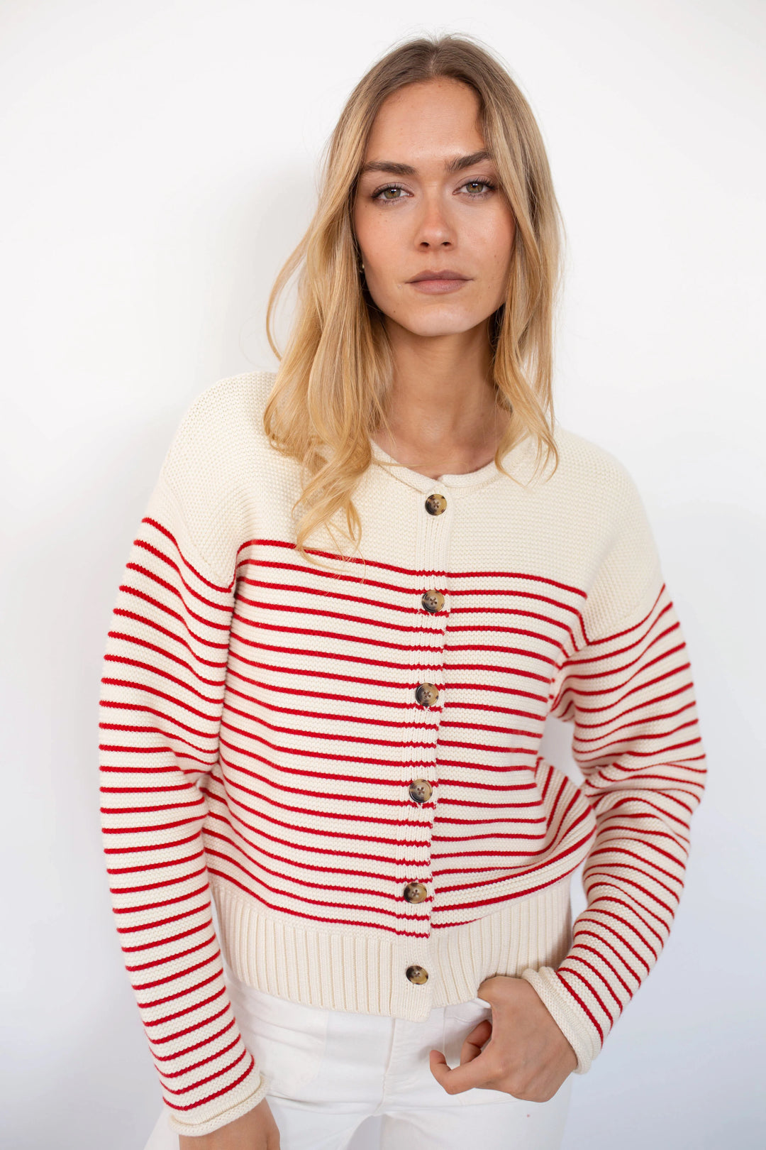 Martha Cardigan - Ivory/Red Stripe