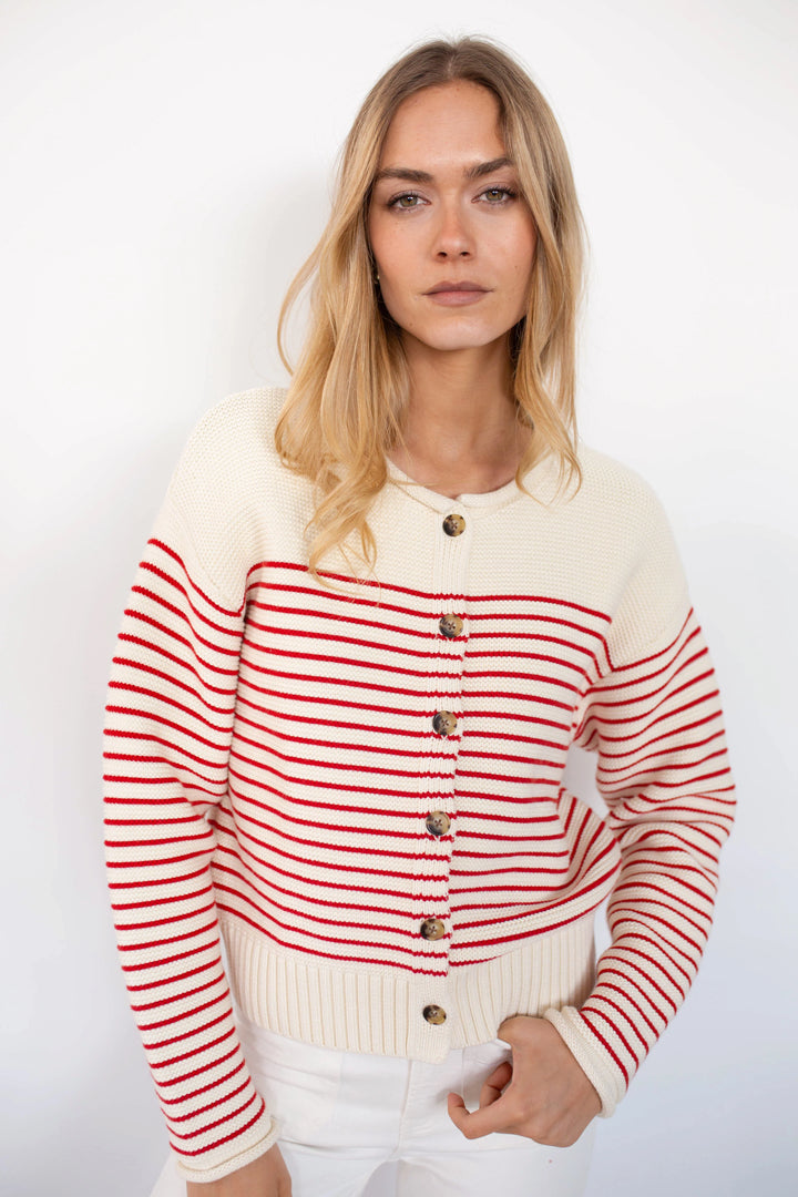 Martha Cardigan - Ivory/Red Stripe