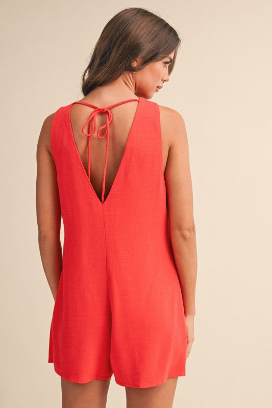 Saffron Cay Linen V Neck Romper - Red