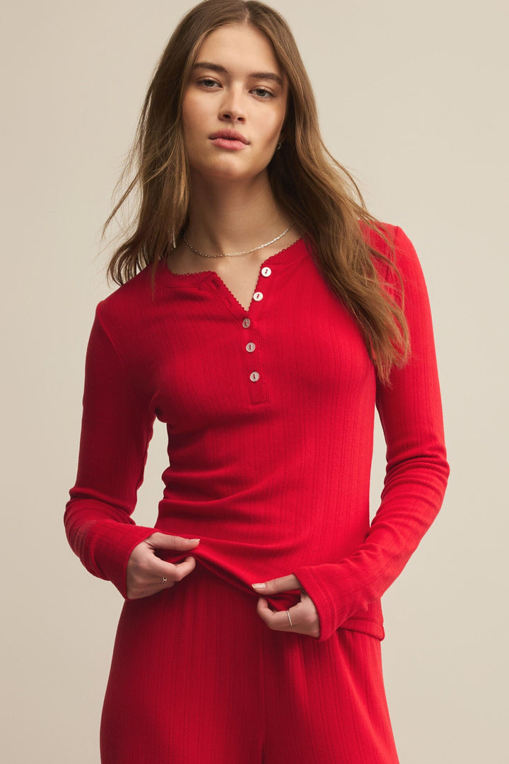 Holly Pointelle Long Sleeve Top - Festive Red