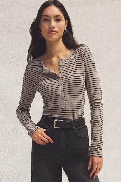 Stella Stripe Henley - Heather Taupe