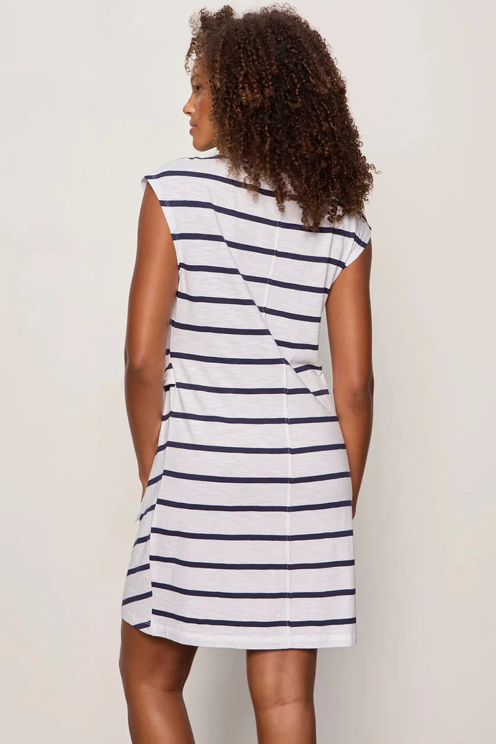 Side Tie T-Shirt Dress - White/Navy Stripe