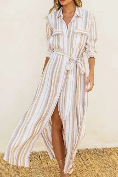 Tideline Striped Maxi Shirt Dress - Sand