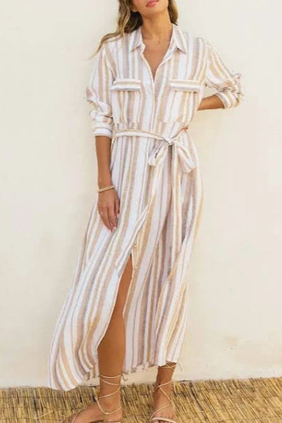 Tideline Striped Maxi Shirt Dress - Sand