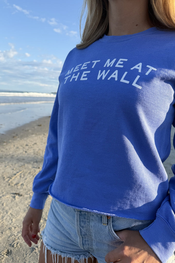 Meet Me At The Wall periwinkle sweatshirt print close-up