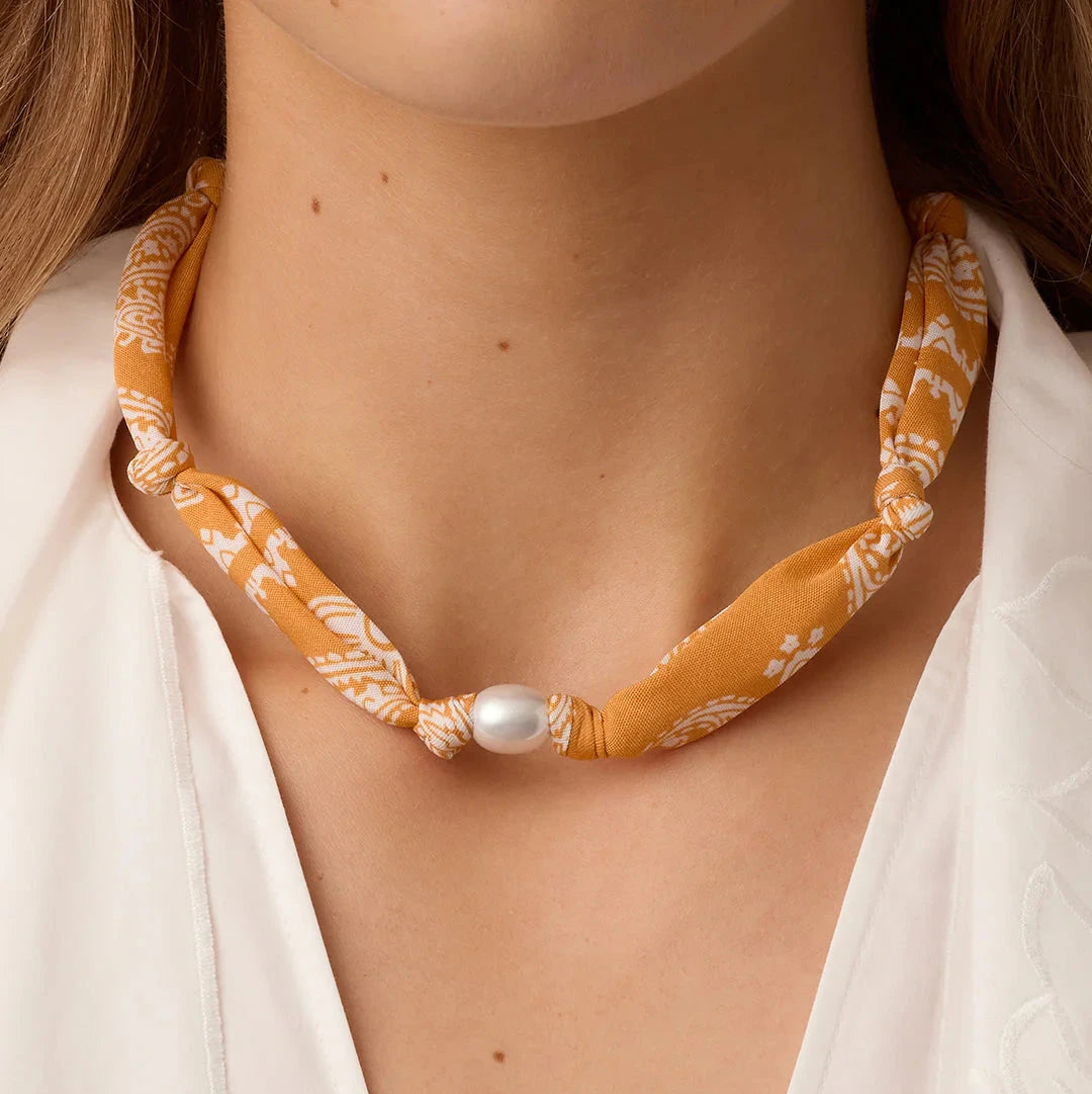 Paisley Bandana Pearl Necklace- Gold/Yellow