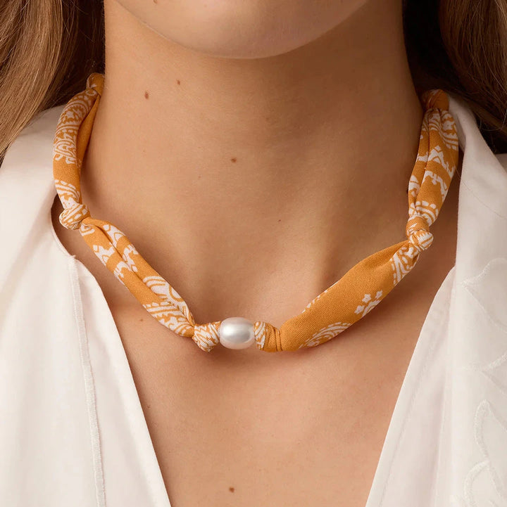 Paisley Bandana Pearl Necklace- Gold/Yellow