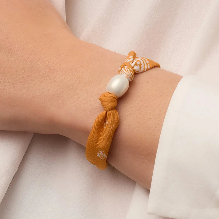 Paisley Bandana Pearl Bracelet- Gold/Yellow