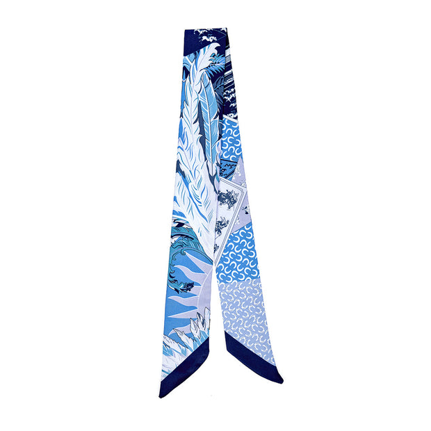Blue mini scarf with white feather pattern 