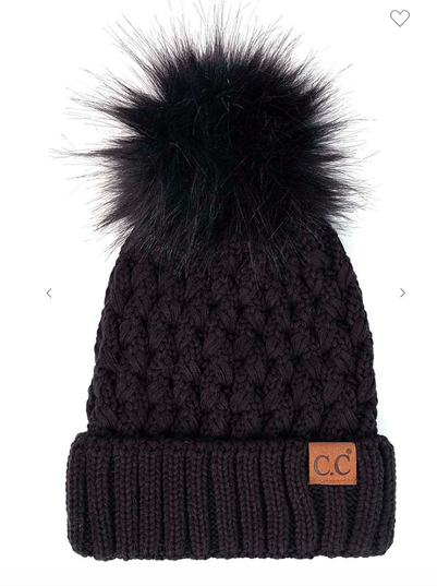 Cable Pom Hat - Black