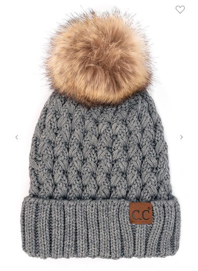Cable Pom Hat - Grey