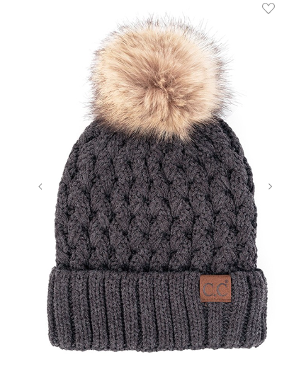Cable Pom Hat - Charcoal
