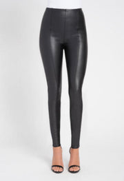 Glossy vegan black leather leggings with a piping detail on the front