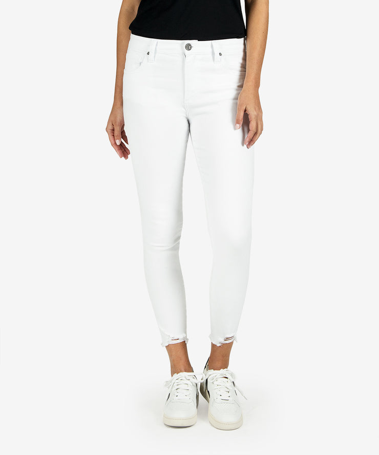 White high waisted ankle skinny jeans with a distressed bottom