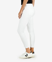 High waisted white skinny ankle jeans with raw hem bottom