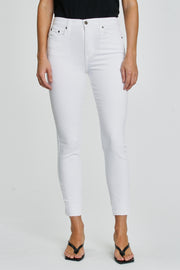 Classic mid rise white skinny jeans with raw hem