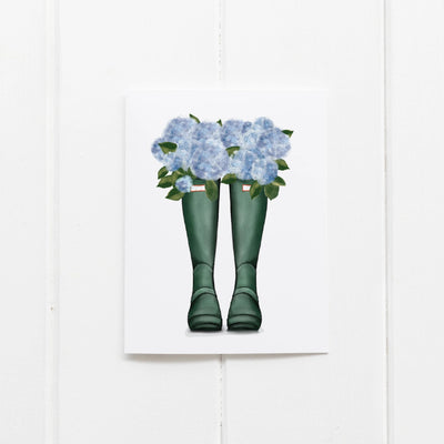 Rain Boot and Blue Hydrangeas Card